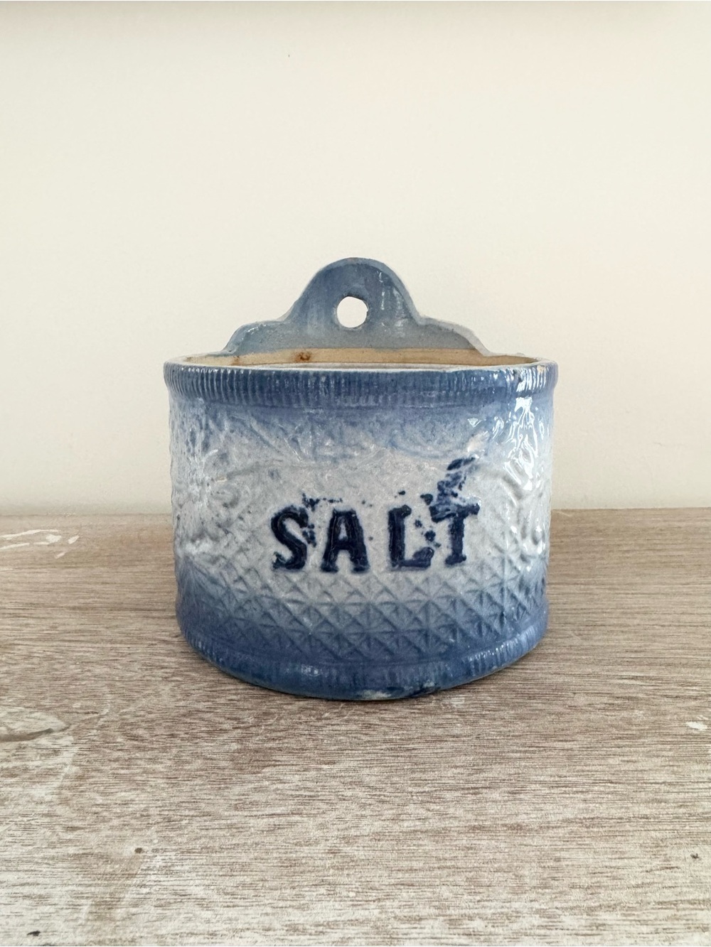 Vintage Blue and White Ceramic Wall Salt Crock